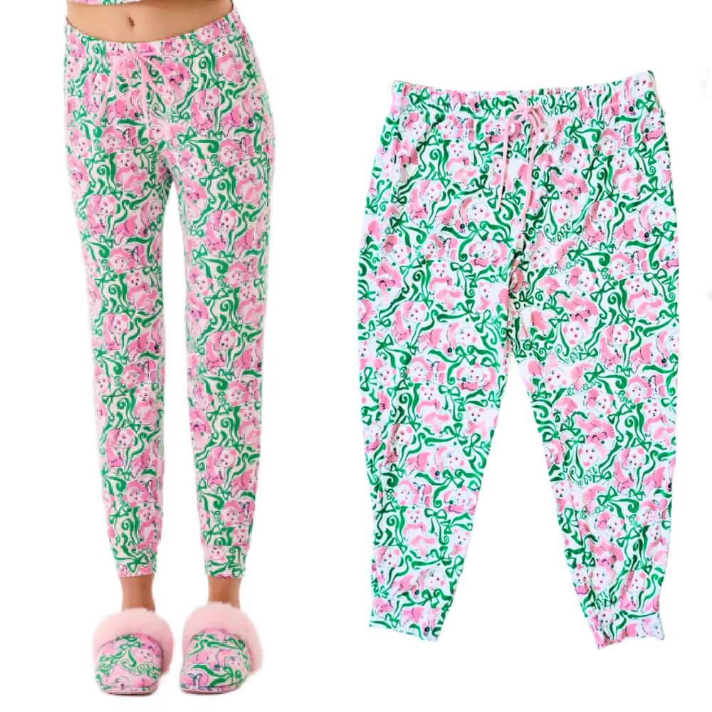 New LILLY PULITZER Jeffers PJ Pant Panda N Bows Pink Quartz Green Size XL Jogger